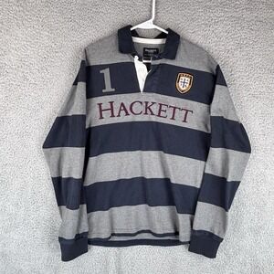 Hackett London Rugby Shirt Mens Large Navy Gray Striped Cotton Embroidered Y2K